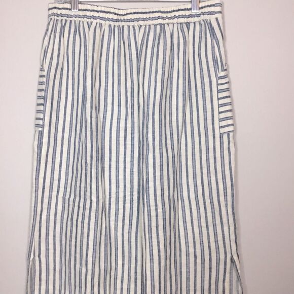 100% linen maxi skirt pockets elasticated waist blue stripe beachy coastal Sz L - Picture 5 of 7